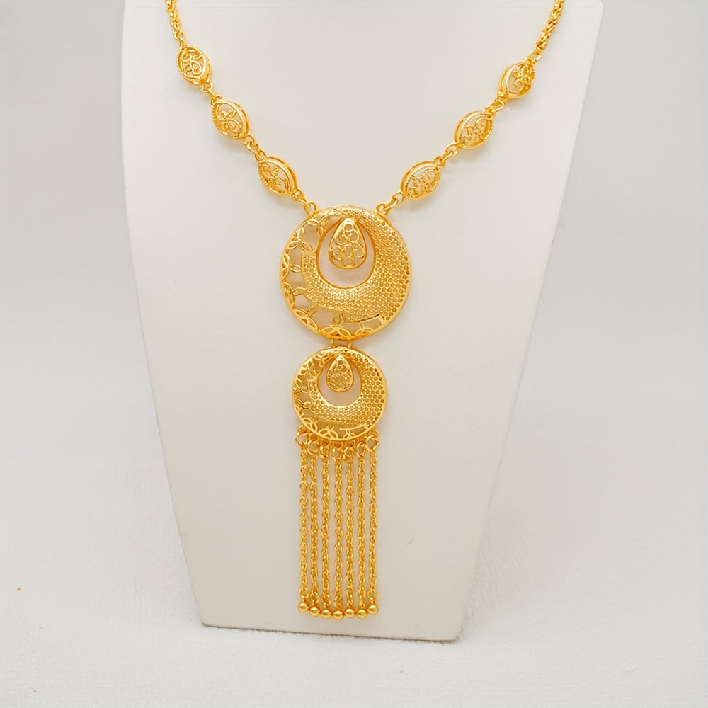Elegant Gold Plated Jewelry Set with Tassel Necklace Earrings Bracelet Ring for Weddings