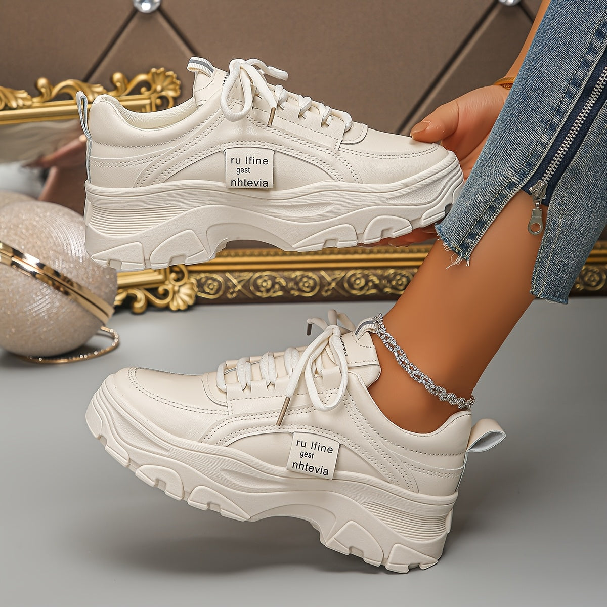 Women Chunky Sneakers Lightweight Breathable Casual Shoes White Low Top