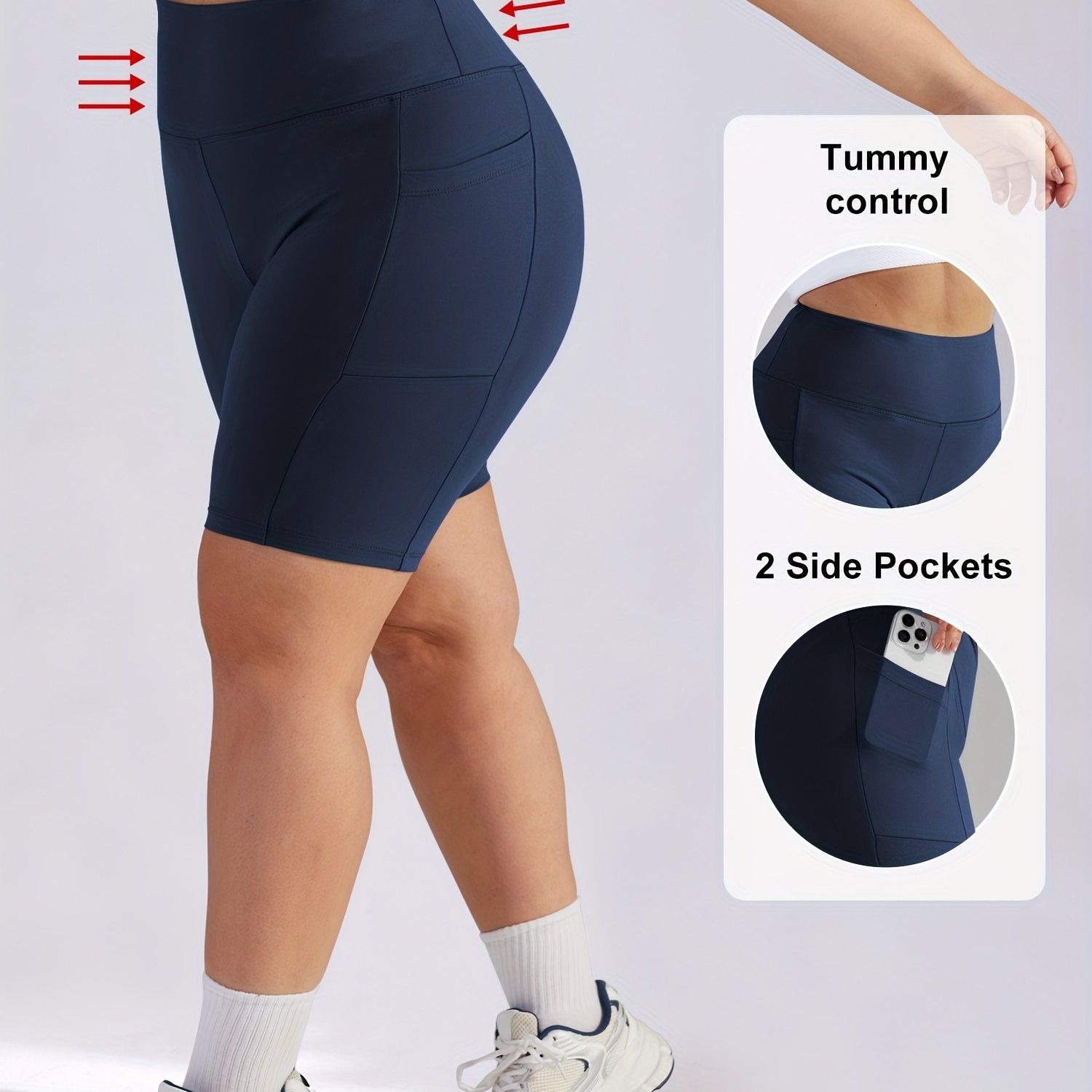 Plus Size Women's High-Waisted Tummy Control Workout Shorts with Pockets