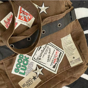 Women's Retro Y2K Canvas Crossbody Bag with Star Patches and Adjustable Strap
