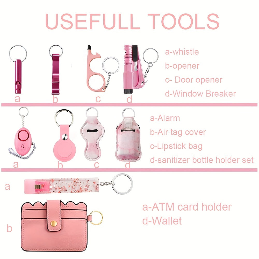 Women's 17-Piece Safety Keychain Set with Personal Alarm and Card Holder