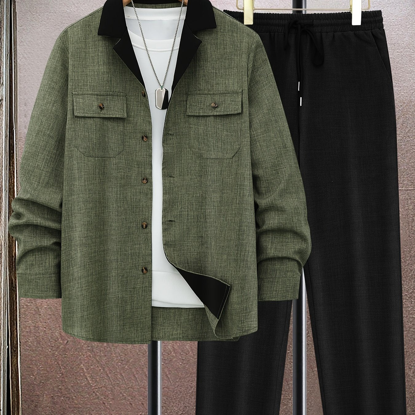Men's Plus Size Olive Green Blazer Set Polyester Casual Button-Up Jacket with Pockets and Black Pants for Spring and Autumn