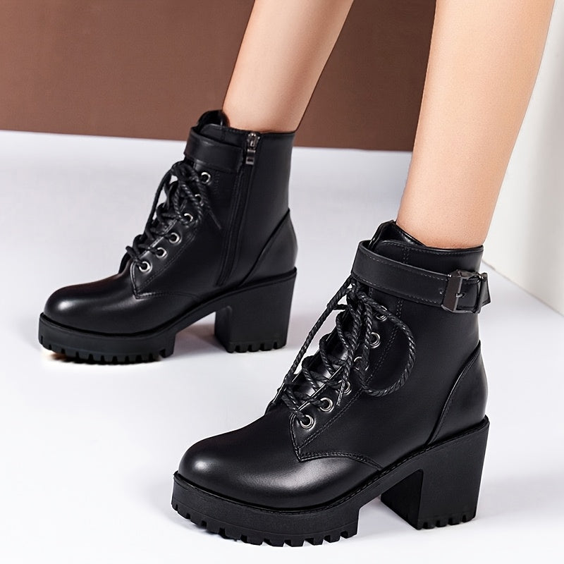 Women’s Leather Lace-Up High Heeled Short Boots Black