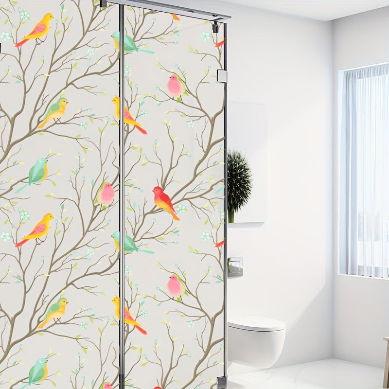 4Mil Thick Frosted Window Film with Bird and Branch Design for Privacy and Anti-Glare