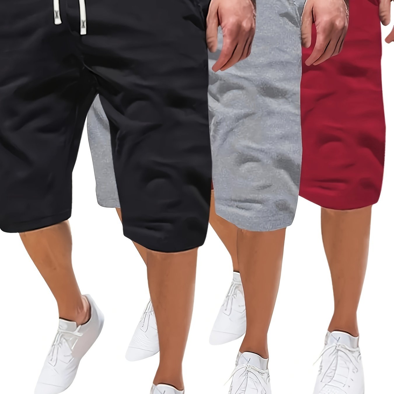 Pantalones cortos casuales para hombre de tallas grandes con cintura de cordón, bolsillos, poliéster transpirable