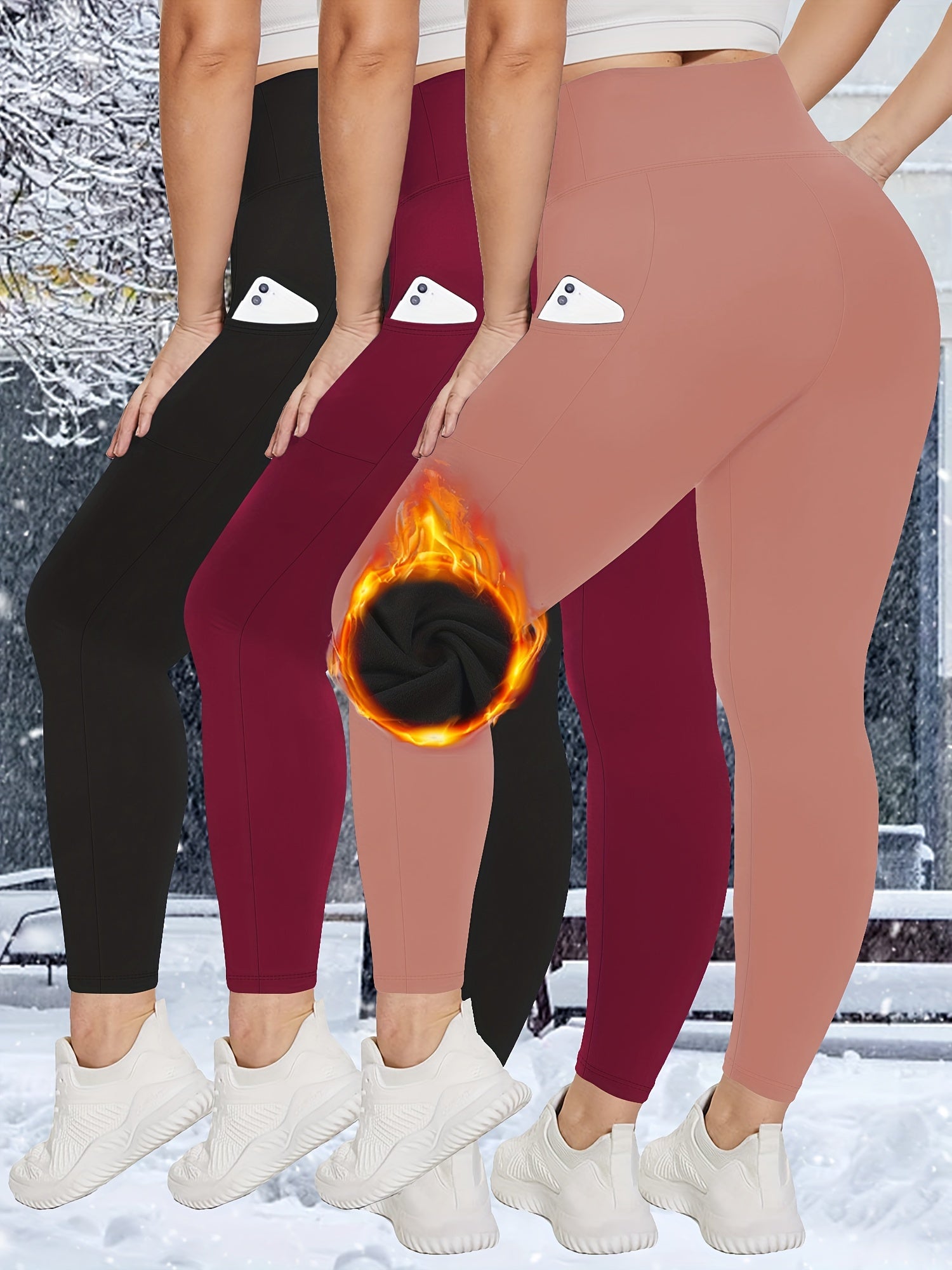 Plus Size High-Waist Fleece-Lined Leggings with Pockets for AutumnWinter Black Gray Burgundy