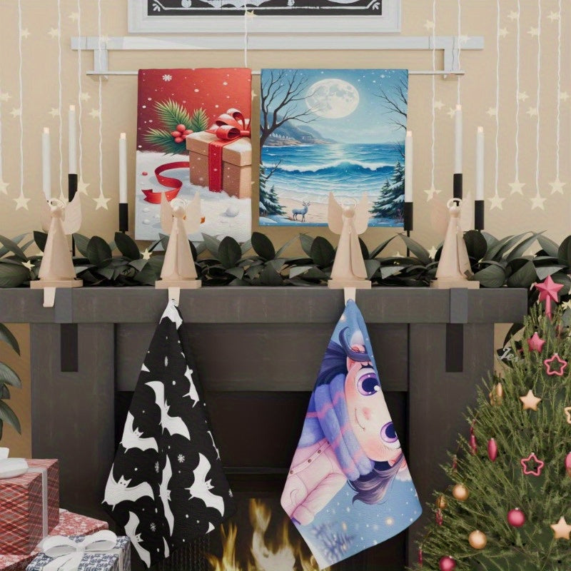 To'rt dona yumshoq polyester oshxona sochiqlari, har biri 45.72x66.04 sm o'lchamda. Zamonaviy fantastik Santa Klaus dizayni bilan, bayram oshxona bezaklari uchun mukammal. Ushbu sochiqlar mashinada yuvilishi mumkin va mustahkamlik uchun to'qilgan.