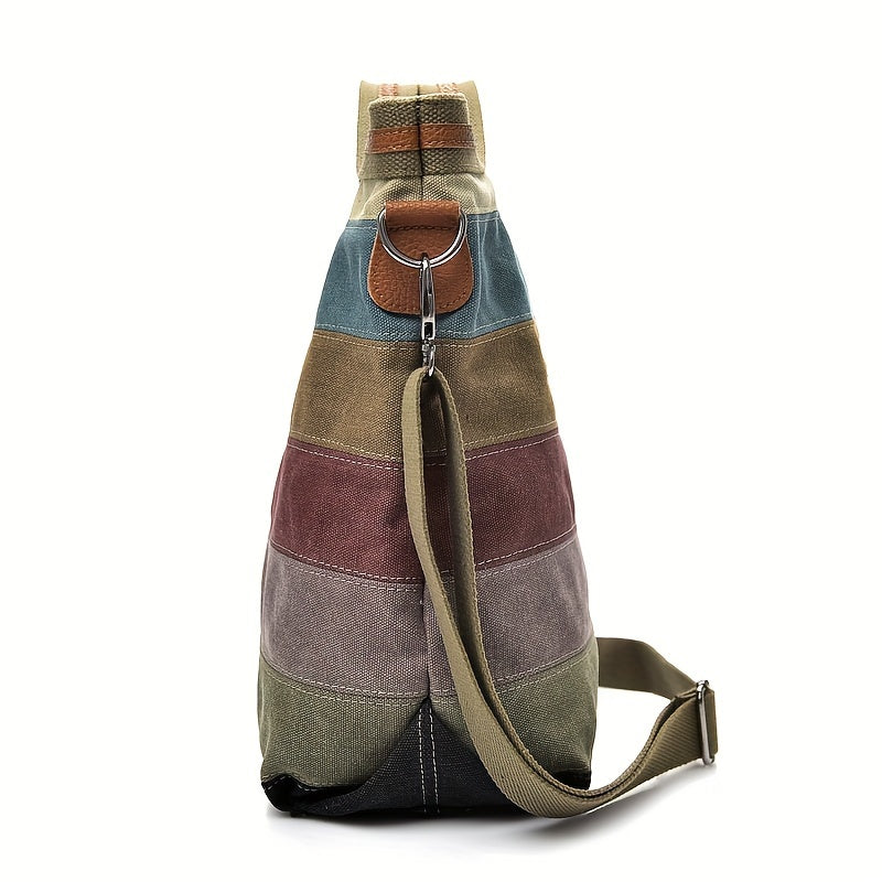 Women's Canvas Tote Bag Large Capacity Multi-Compartment Casual with Detachable Shoulder Strap Beige and Blue-Green Striped