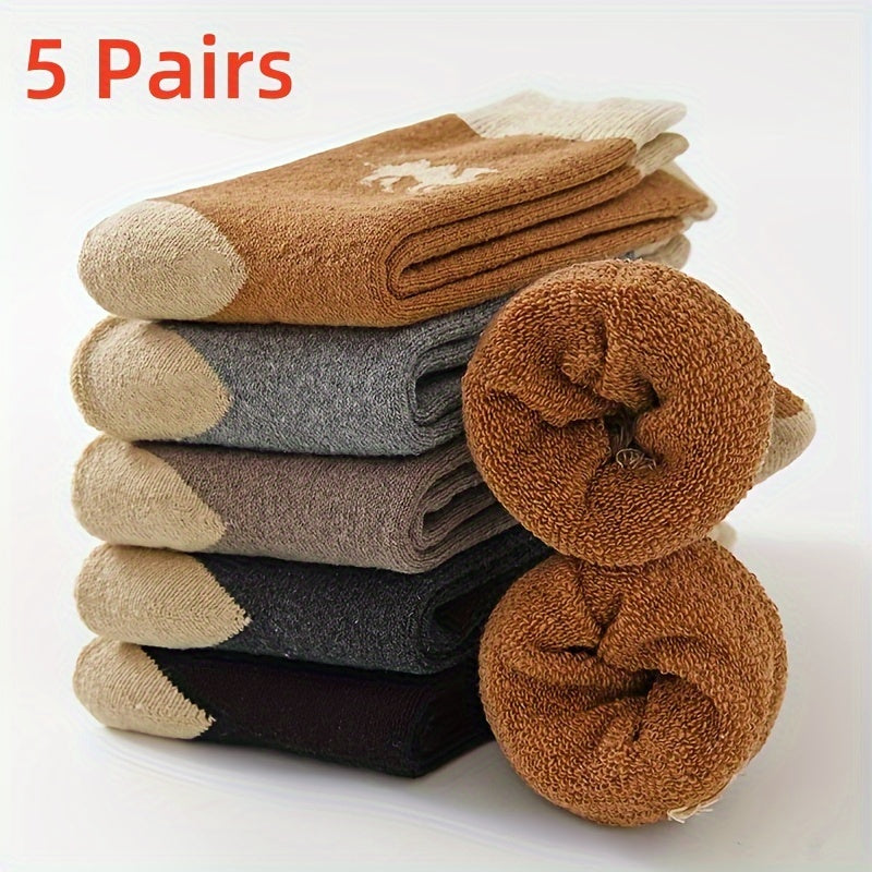 Men's Thermal Crew Socks 5 Pairs Cotton Blend Camel Pattern Warm Comfortable