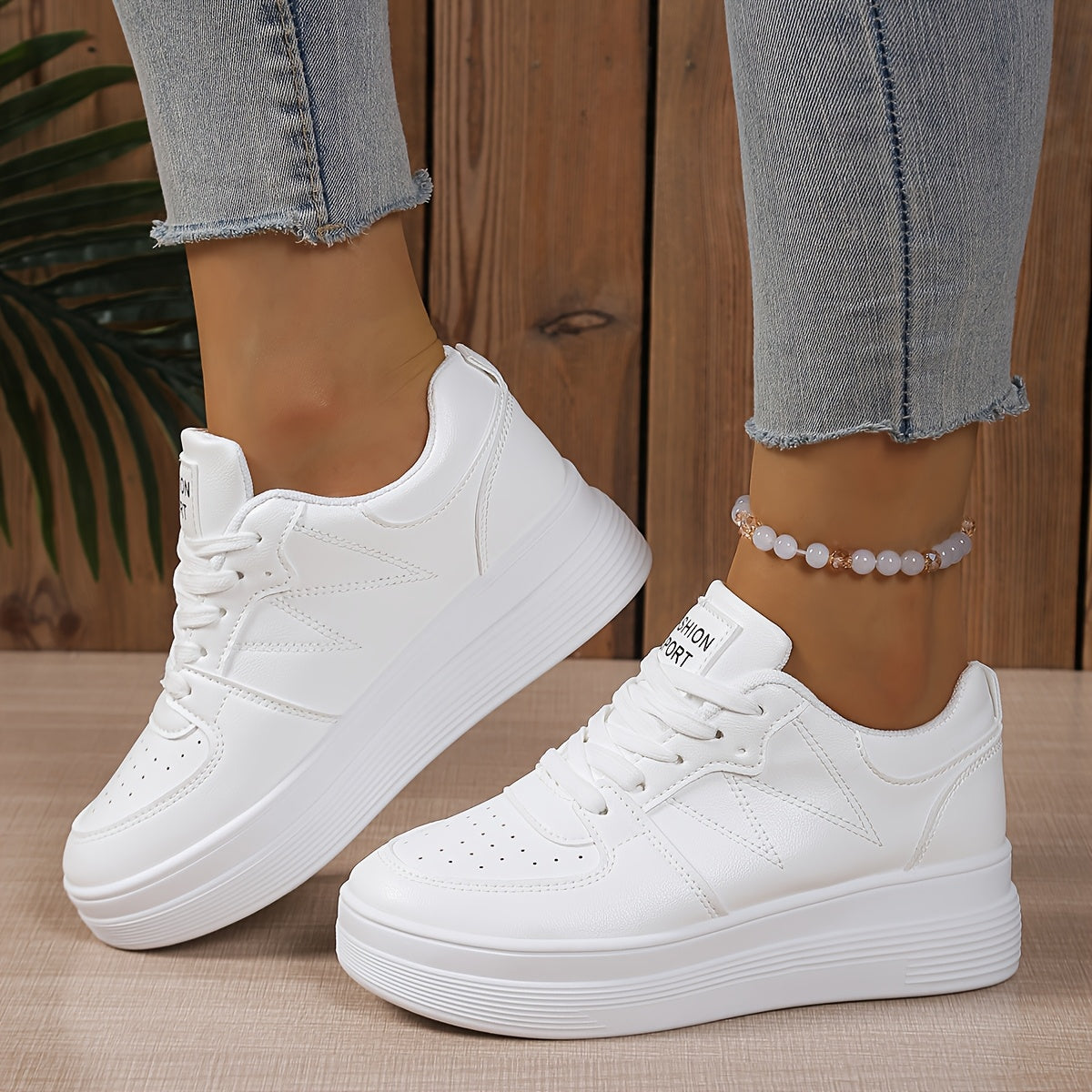 Women's White Low-Top Lace-Up Sneakers Casual Breathable Fabric Rubber Sole