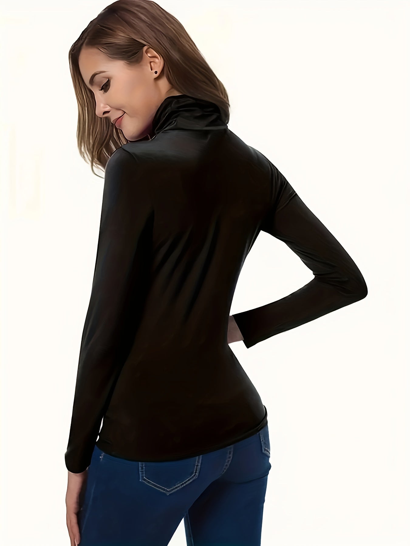 Plus Size Women Solid Color High Neck T-Shirt Long Sleeve Casual Top