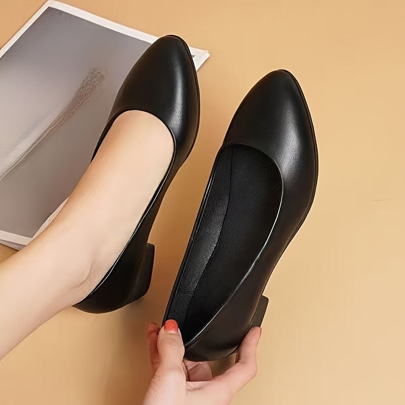 Women's Black Almond Toe Low Block Heel Flats with Cushioned Insole