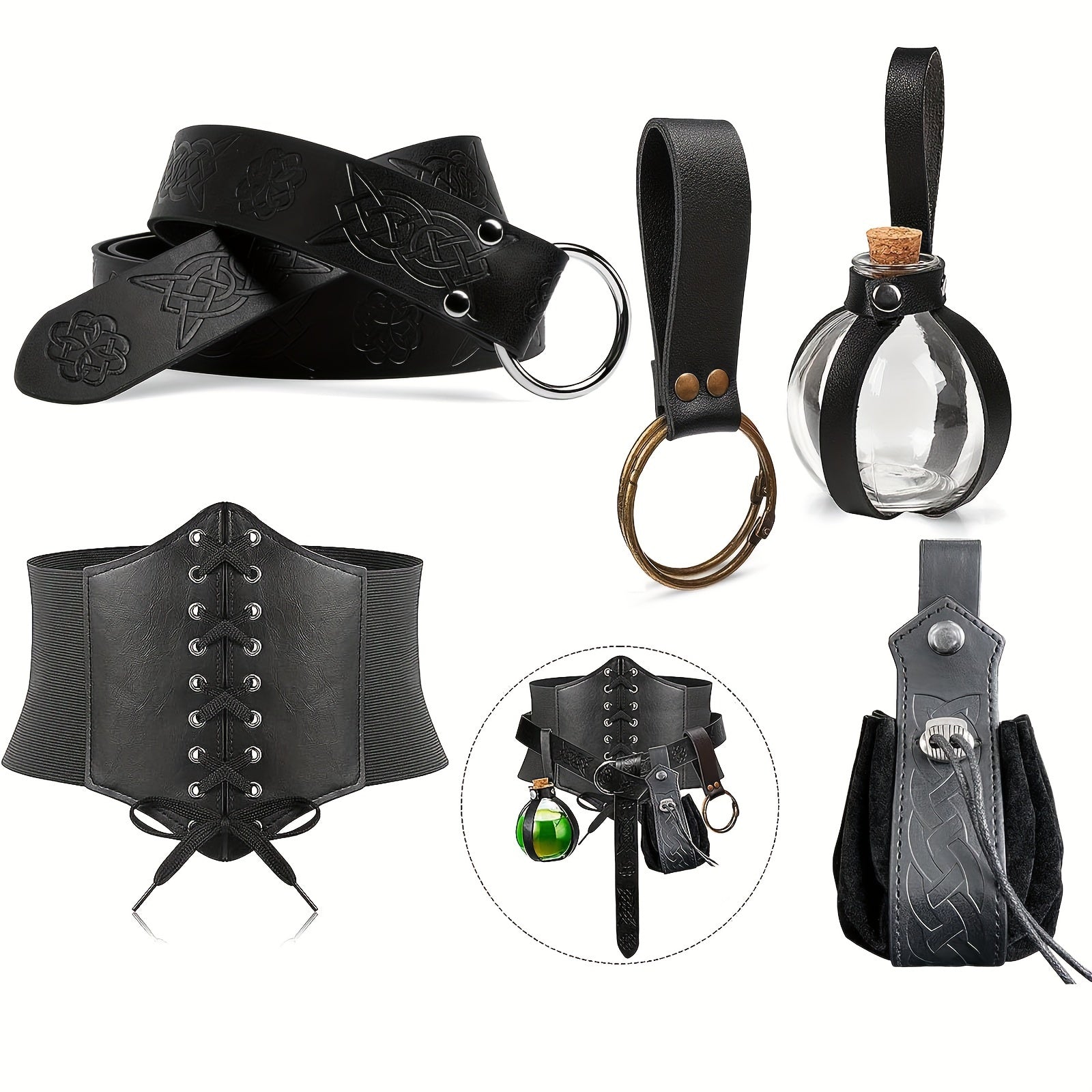 Средневековый костюм для Хэллоуина - 5 предметов аксессуаров для женского костюма Ренессанса включает в себя винтажный корсетный пояс из PU-кожи с сумочкой и бутылочкой для зелья.