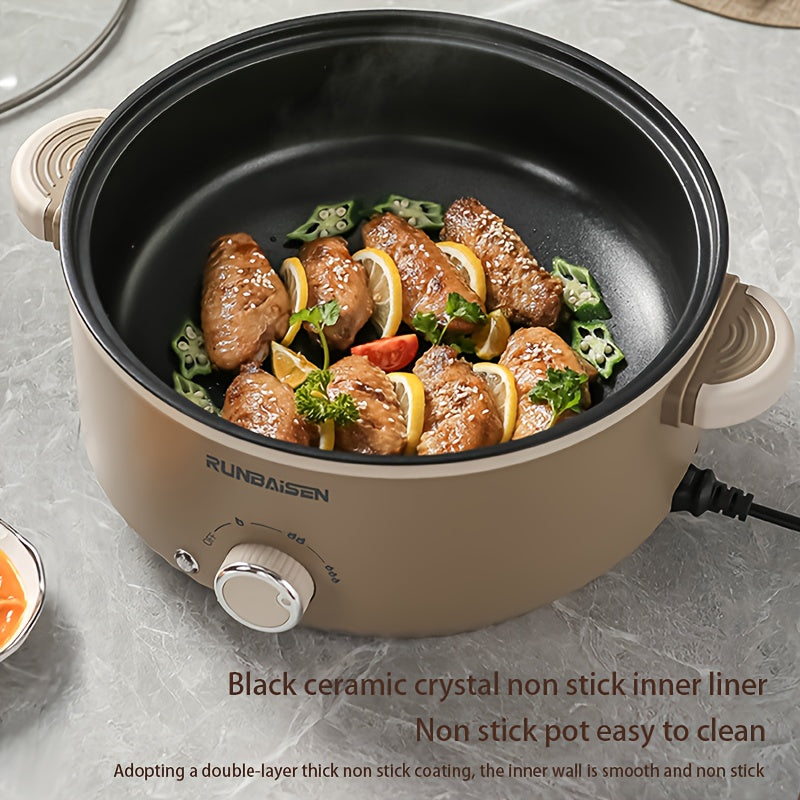 Ikkita qatlamli elektr ovqat pishirish qozoni, uy, RV, yotoqxonalarda foydalanish uchun bug'lash panjarasi bilan, yopishqoq bo'lmagan qovurish panasi va bug'lagich sifatida funksiyalari mavjud.