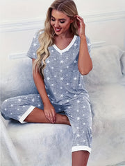 Women's Star Print V-Neck Short Sleeve Loungewear Set with Pockets