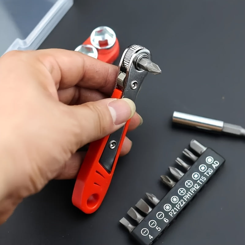 Manual Tool Kit with 36 Teeth Mini Gear Wrench and Socket for Narrow Spaces Red