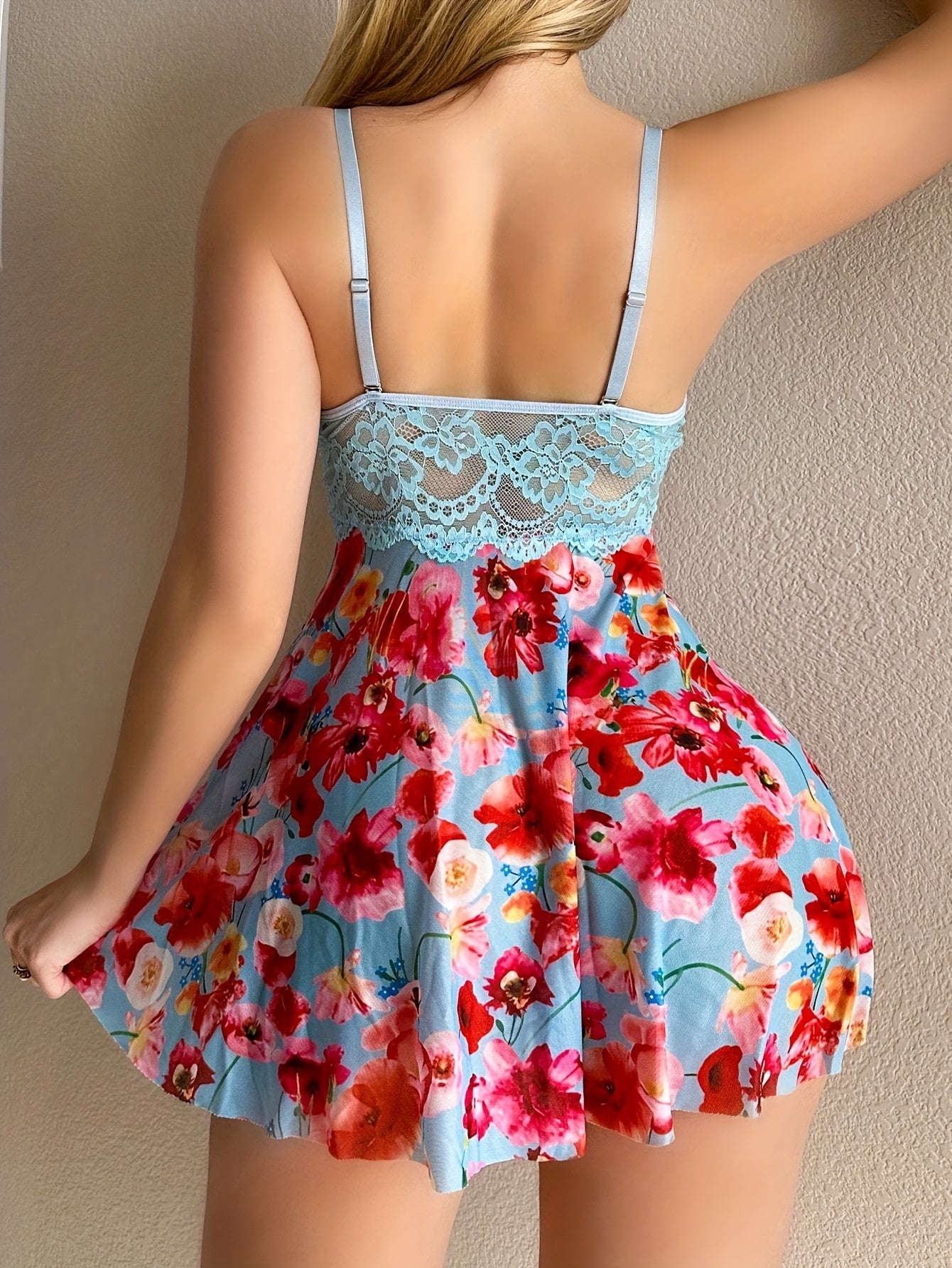 Women's Semi-Sheer Lace Print Slip Dress with Built-In Bra and Bow Detail