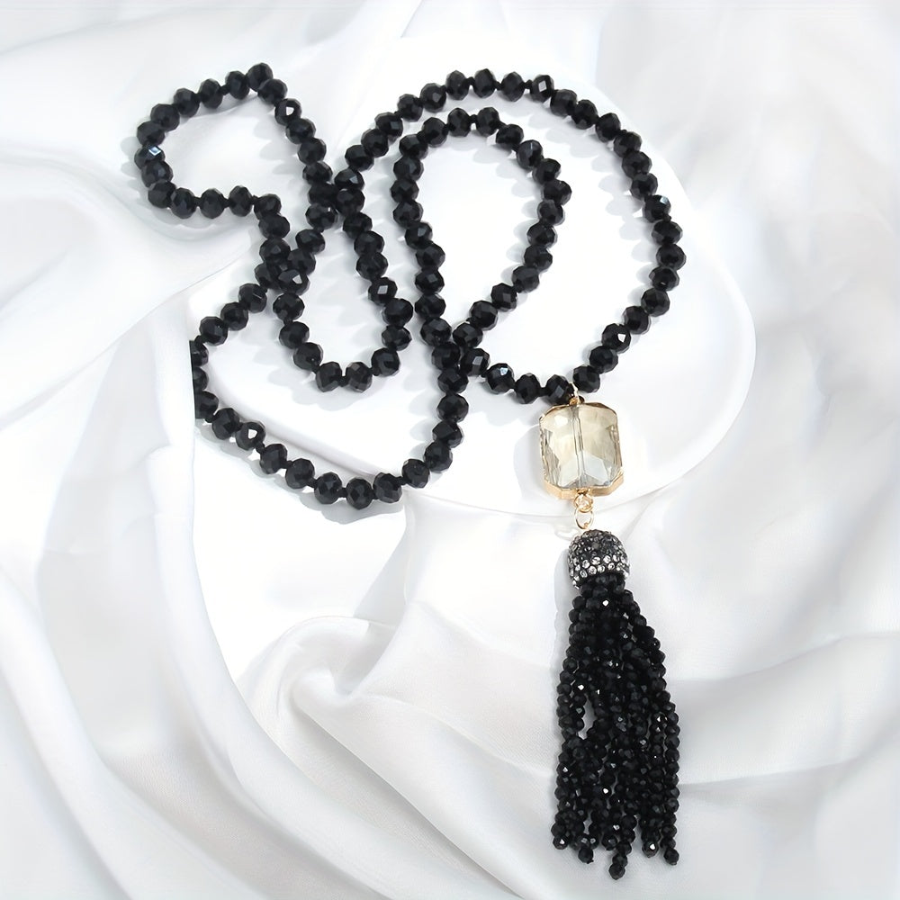 Boho Chic Glass Bead Necklace with Tassel for Women Spring Knotted Design