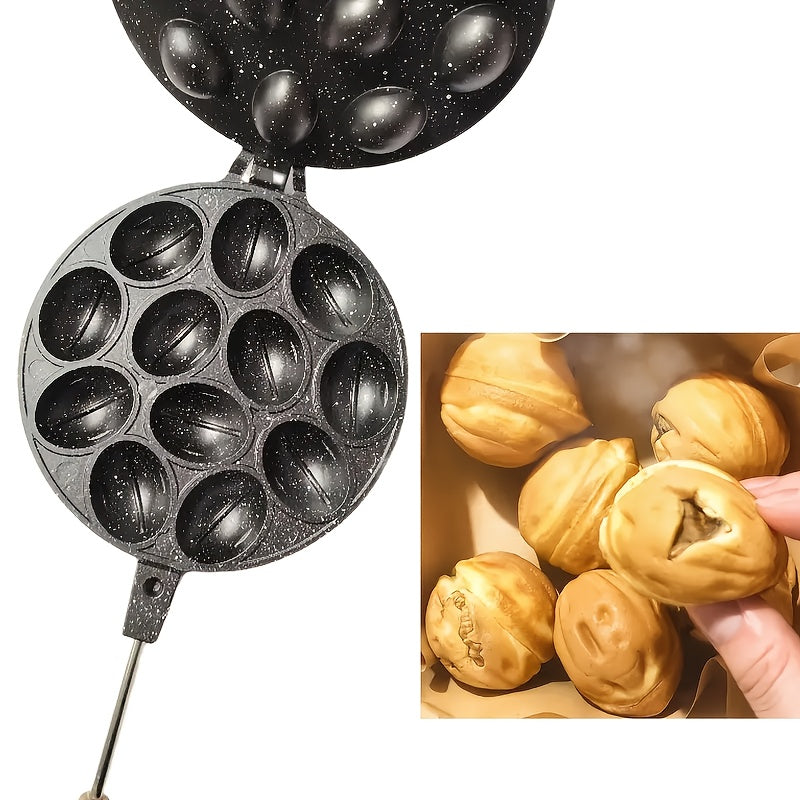 12-Cavity Non-Stick Baking Mold Pan with Wooden Handle for Waffles Cakes and Pancakes