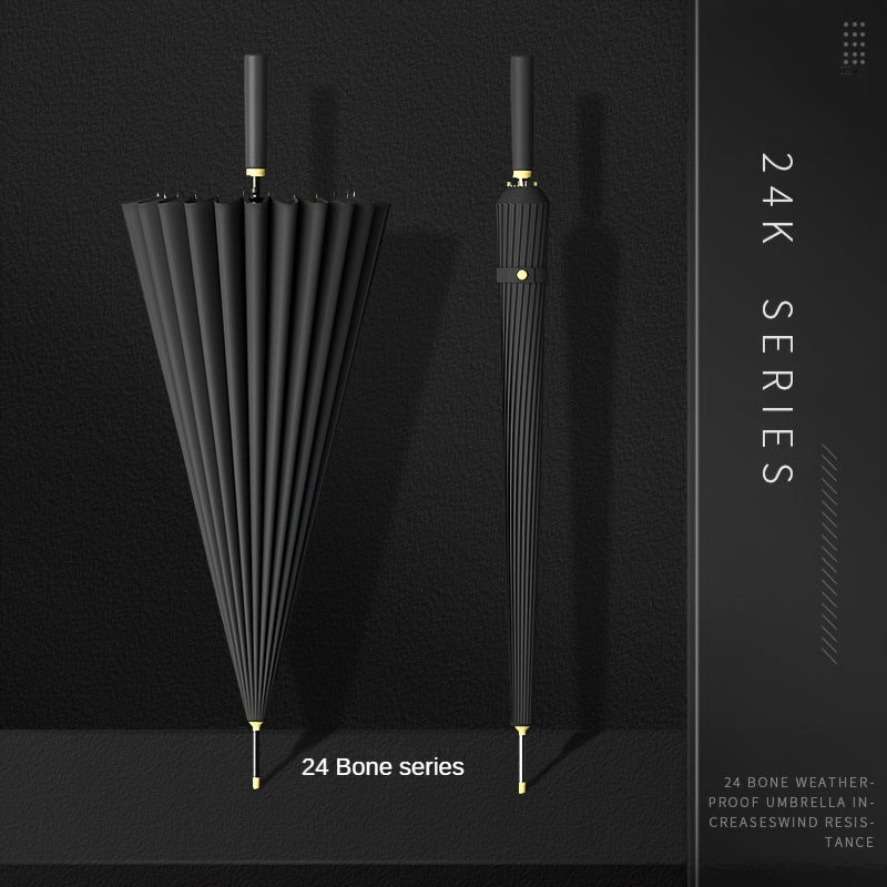 Men's Large Windproof 24-Bone Straight Rod Rain Umbrella Black Reinforced Handle