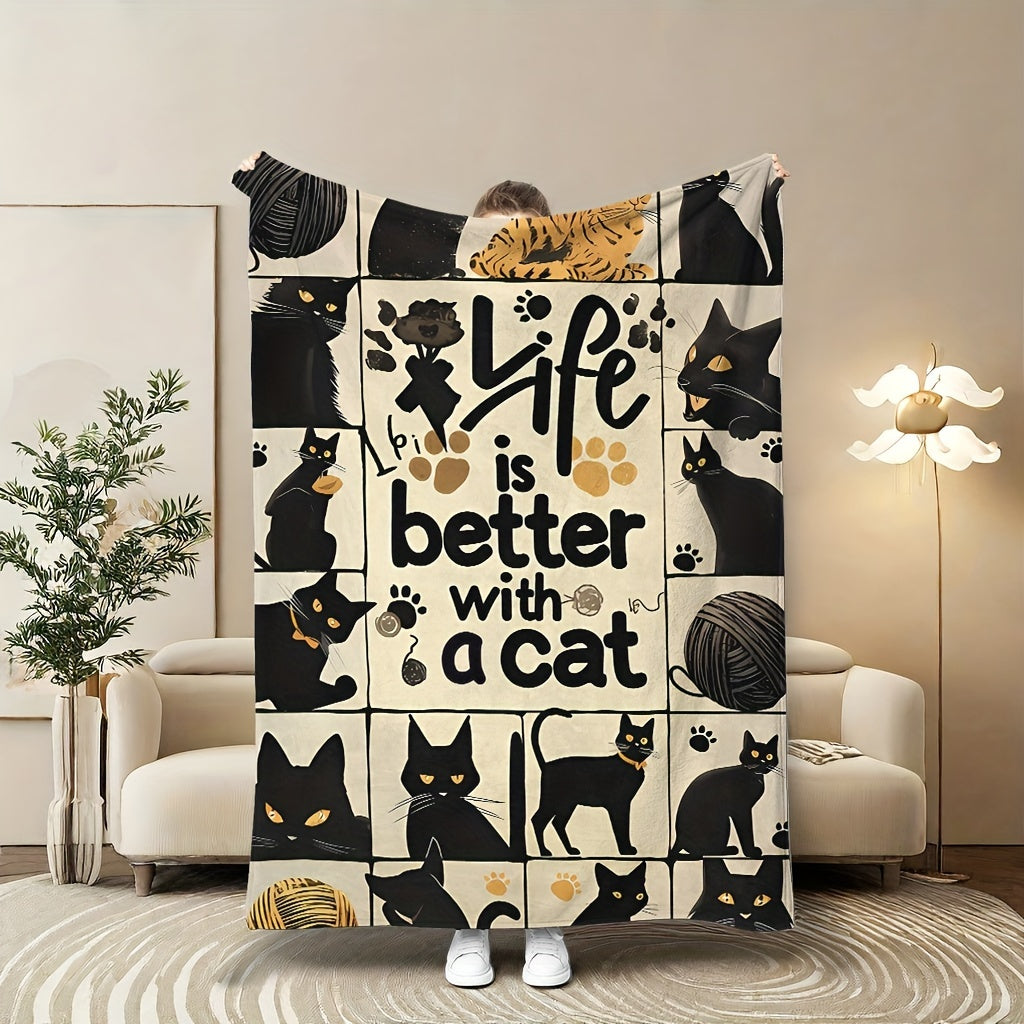 Manta de felpa con estampado de gato negro en estilo cartoon, ligera, de poliéster multicolor para sofá, cama o camping