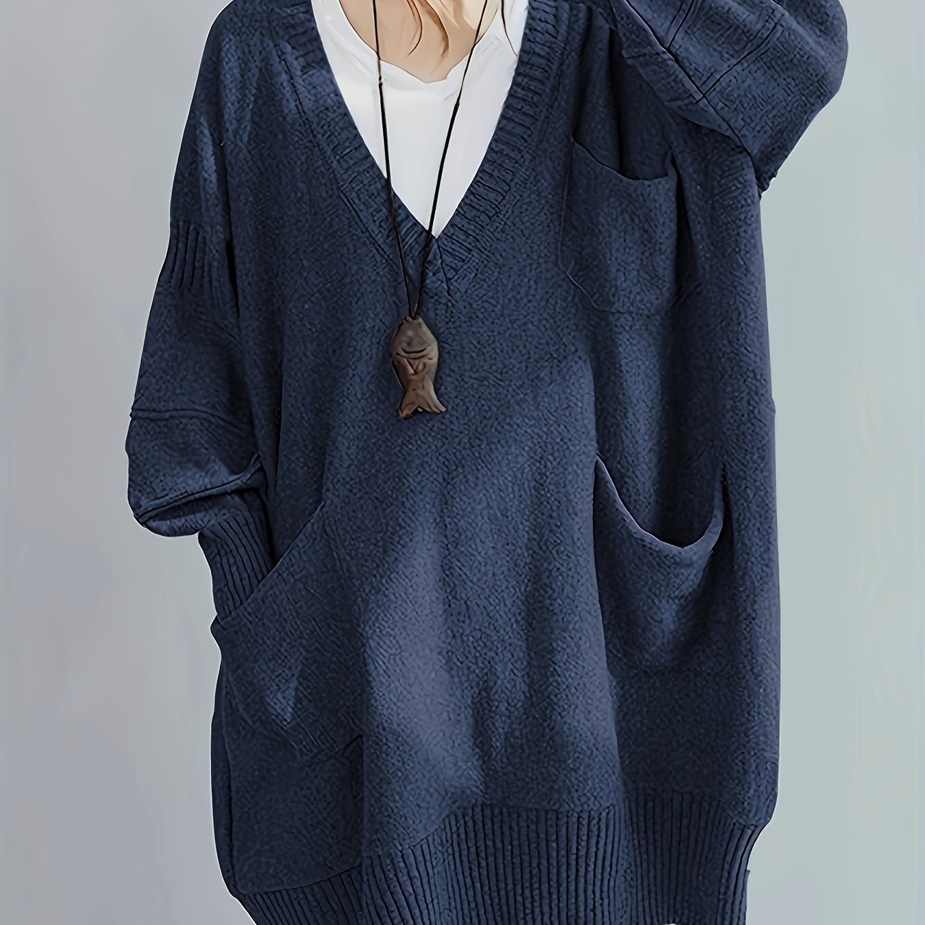 Plus Size Women's V-Neck Oversized Sweater Black Longline Casual Pullover