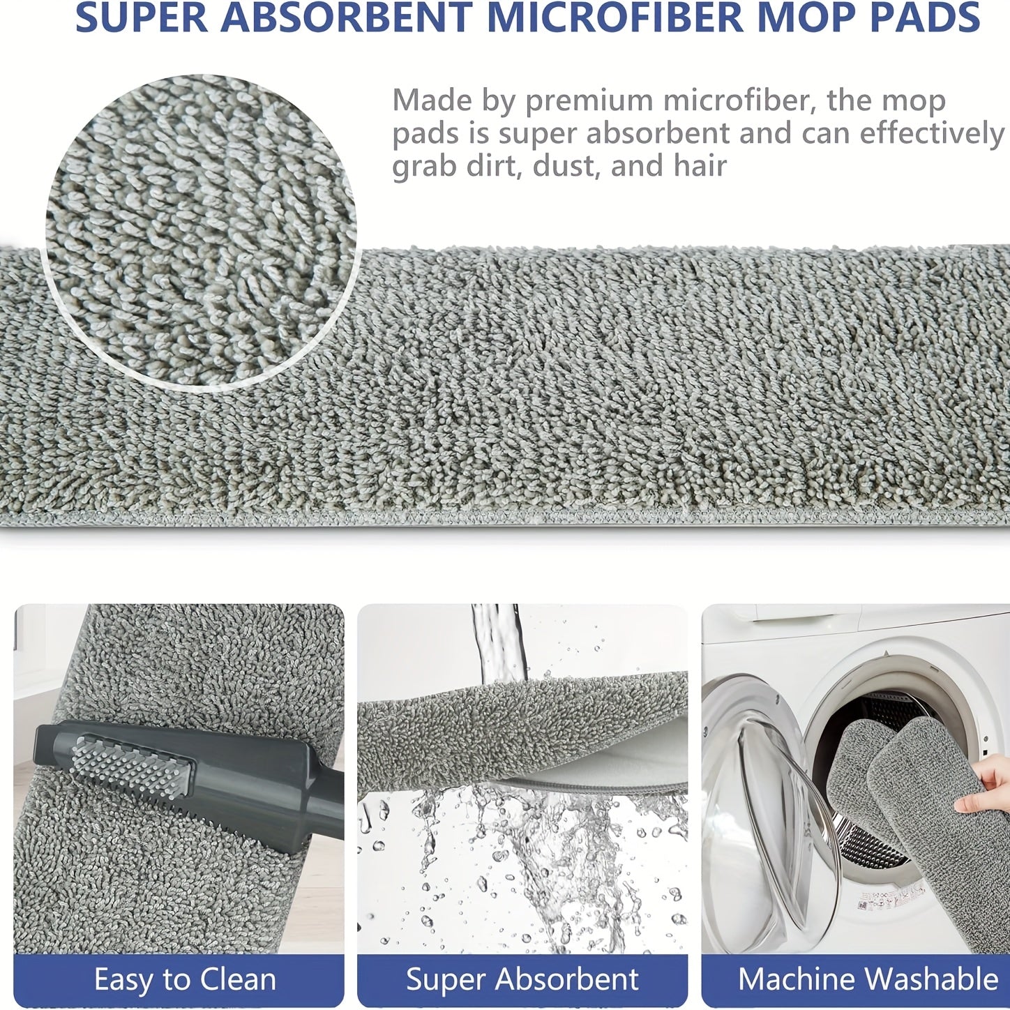 Mikrofiber mop to'plami, 2 ta suv shishasi bilan, 4 ta yuviladigan padlar, 360° buriladigan tutqich