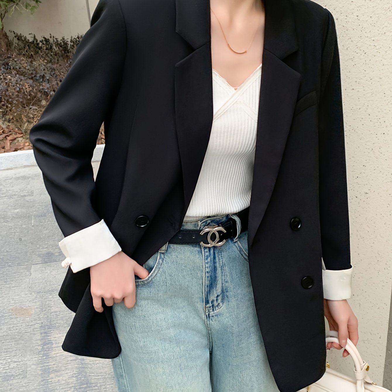 Women Plus Size Light Pink Double-Breasted Blazer Long Sleeve Office Casual