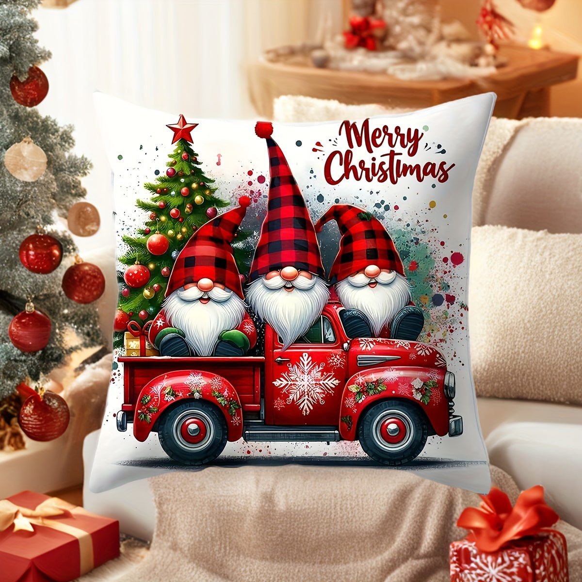 Christmas Gnome and Truck Throw Pillow Cover Zippered Polyester Living Room Decor