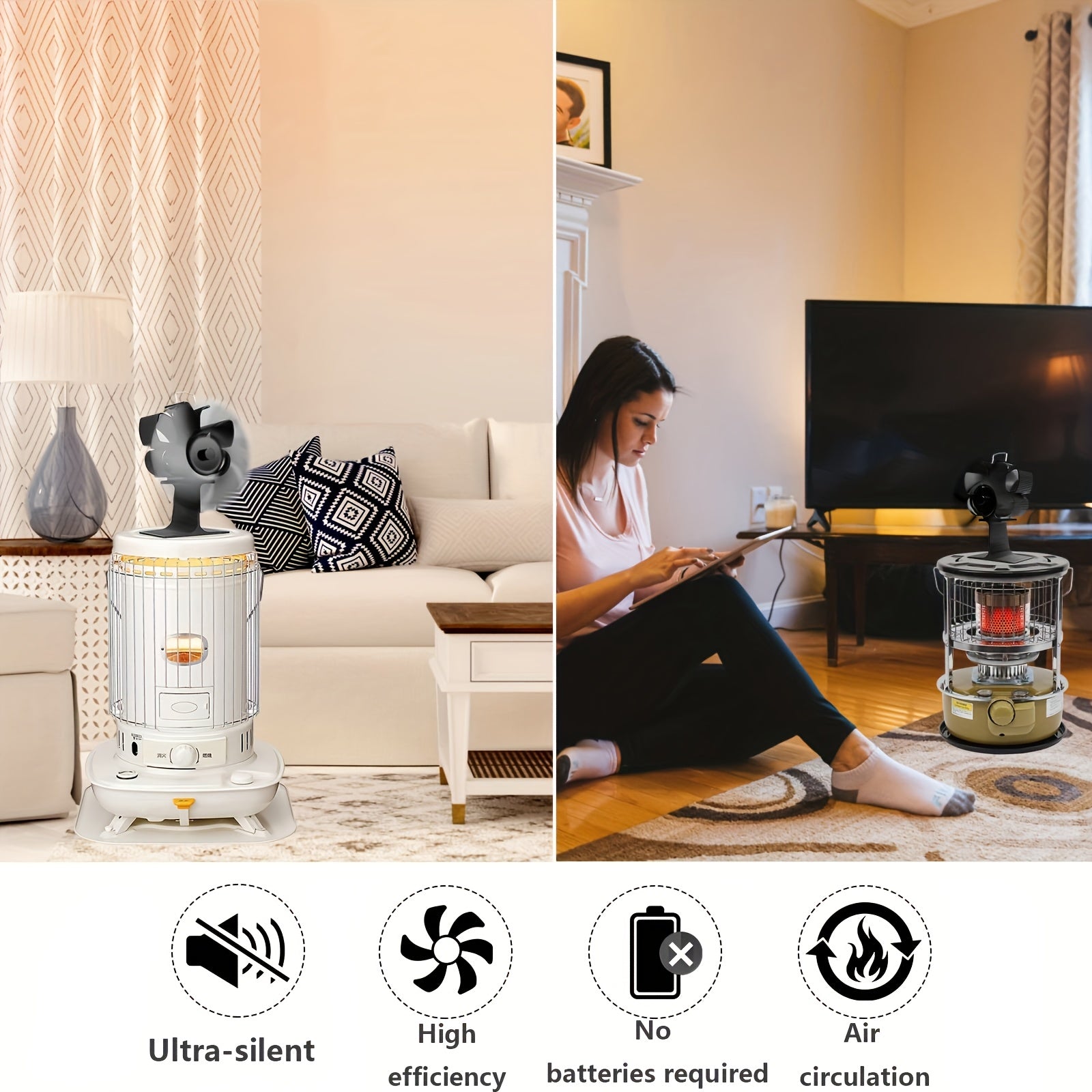 Ventilador portátil de aluminio para chimenea con termómetro, protección contra sobrecalentamiento, uso en interiores y exteriores