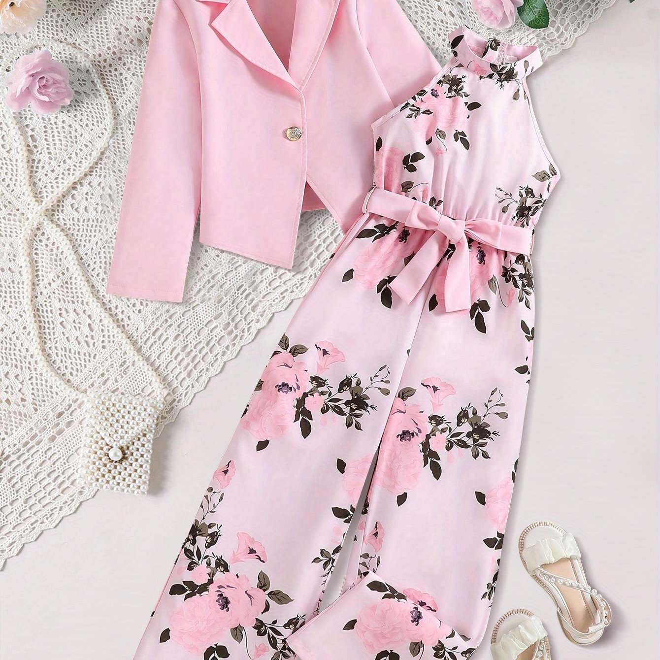 Girls' Floral Jumpsuit and Blazer Set for Spring and Fall Kids Clothing