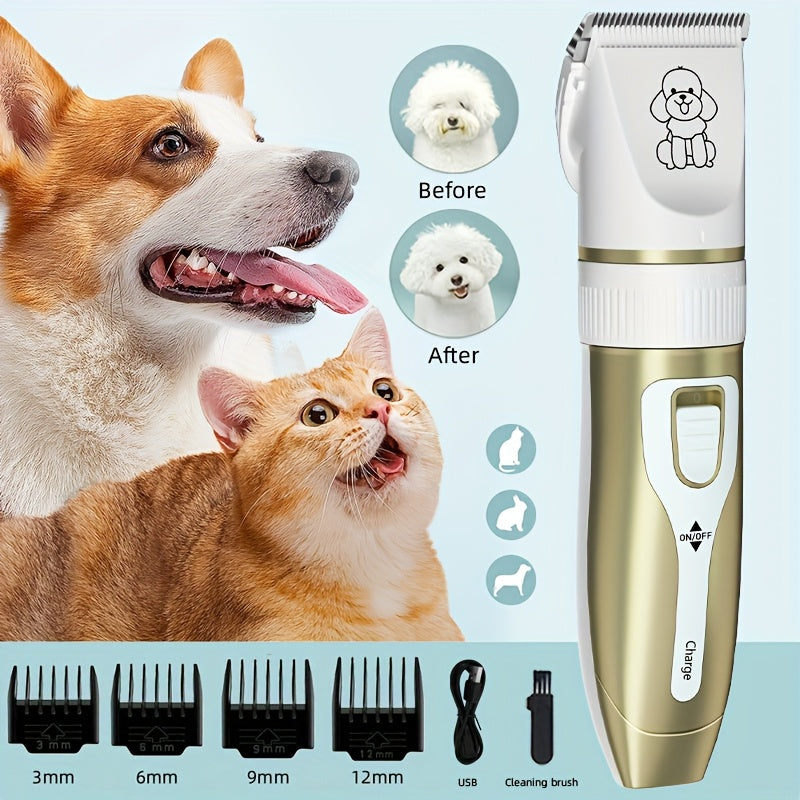 Pet Grooming Kit with USB Rechargeable Electric Clippers and Brush Set for Dogs and Cats, Ceramic Blades, 6mm and 12mm Combs