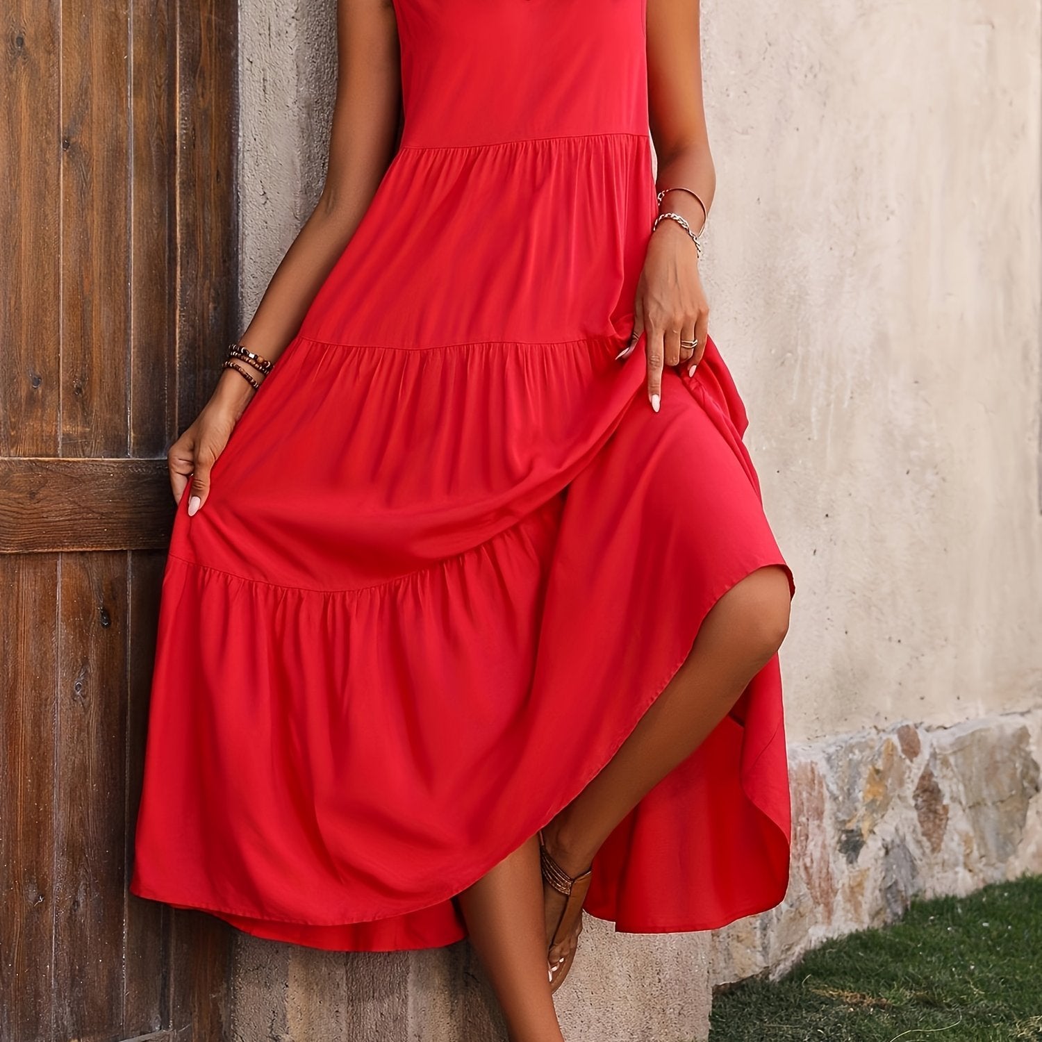 Women's Rayon V-Neck Ruffle Hem Dress for Summer Casual Elegant Flared Solid