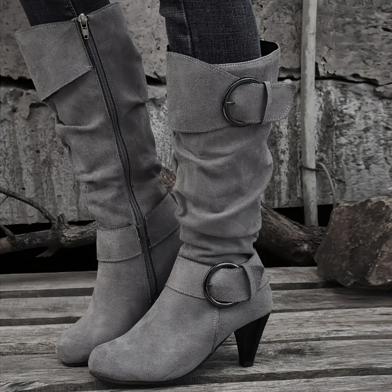 Women's Leather Knee-High Boots with Buckle Strap Side Zipper Chunky Heel