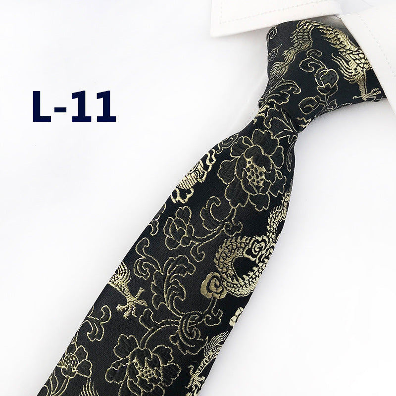 Men's Silk Tie with Hand-Embroidered Chinese Dragon and Peony Design