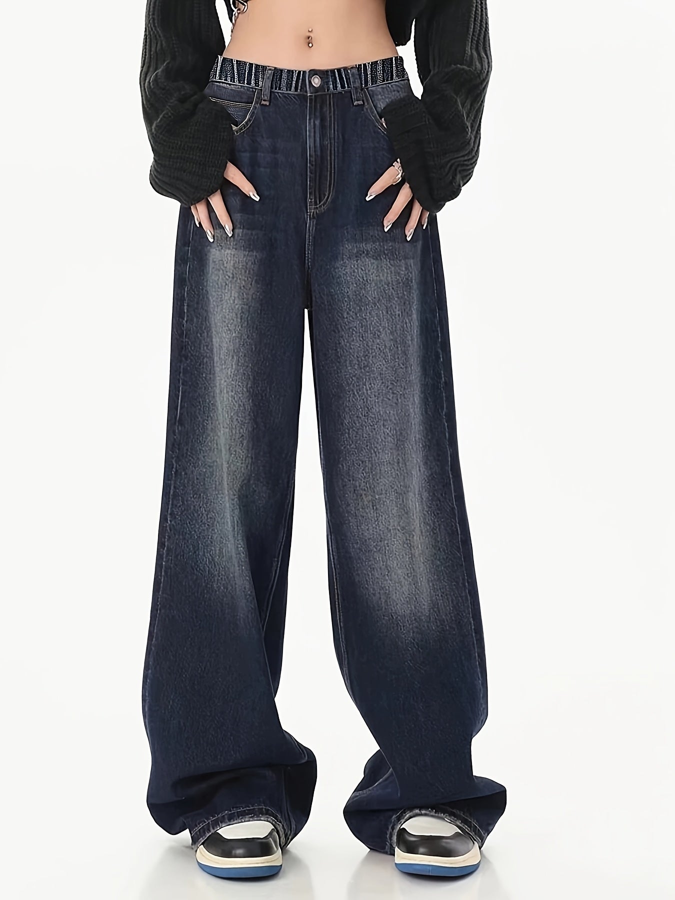 Teen Wide Leg Denim Jeans with Elastic Waist and Side Pockets for All Seasons