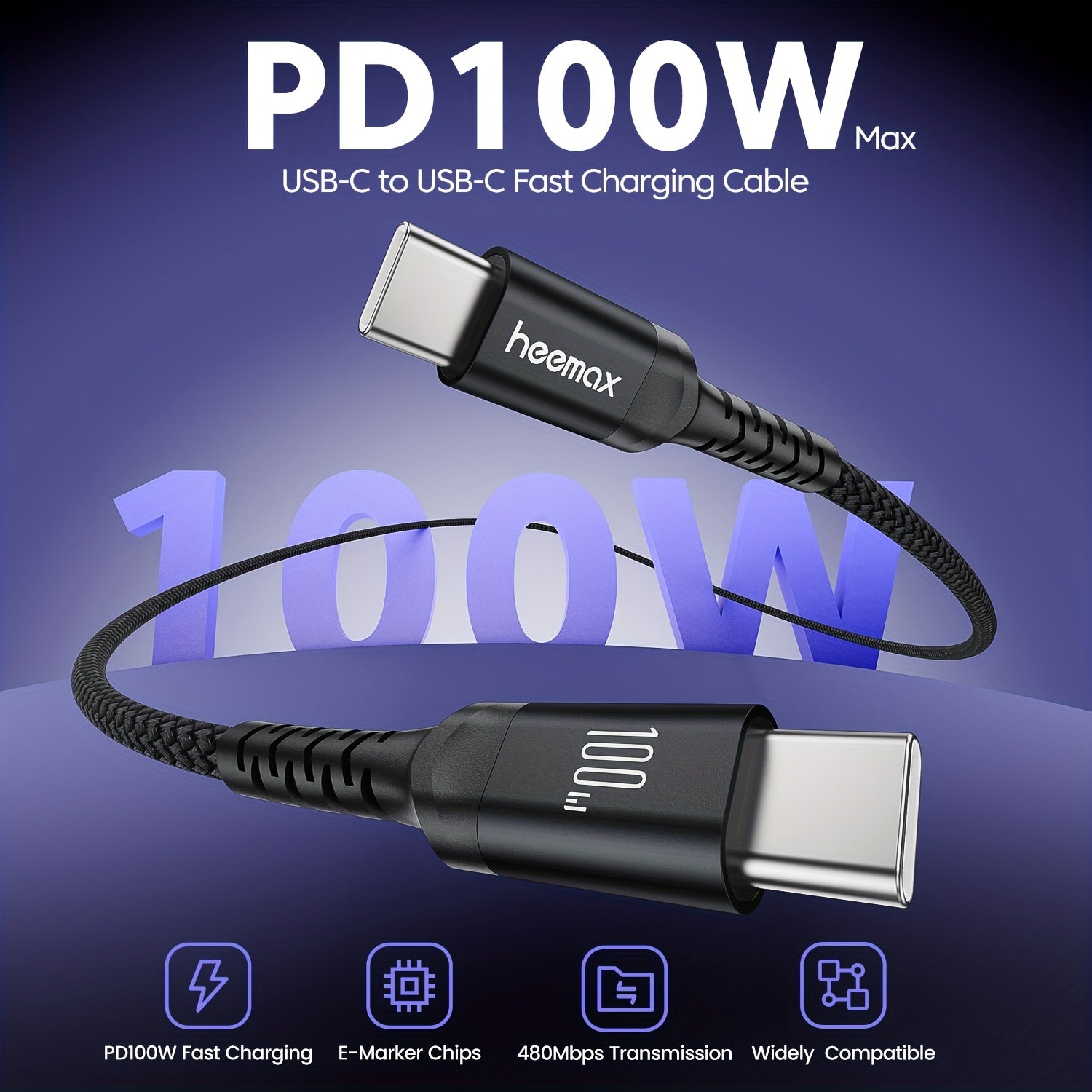 PD100W Max Type C dan Type C kabeli Samsung, Honor, Xiaomi va iPhone 15/15Plus/15Pro/15 Pro Max, 16/16Plus/16 Pro/16Pro Max uchun tez zaryadlash.