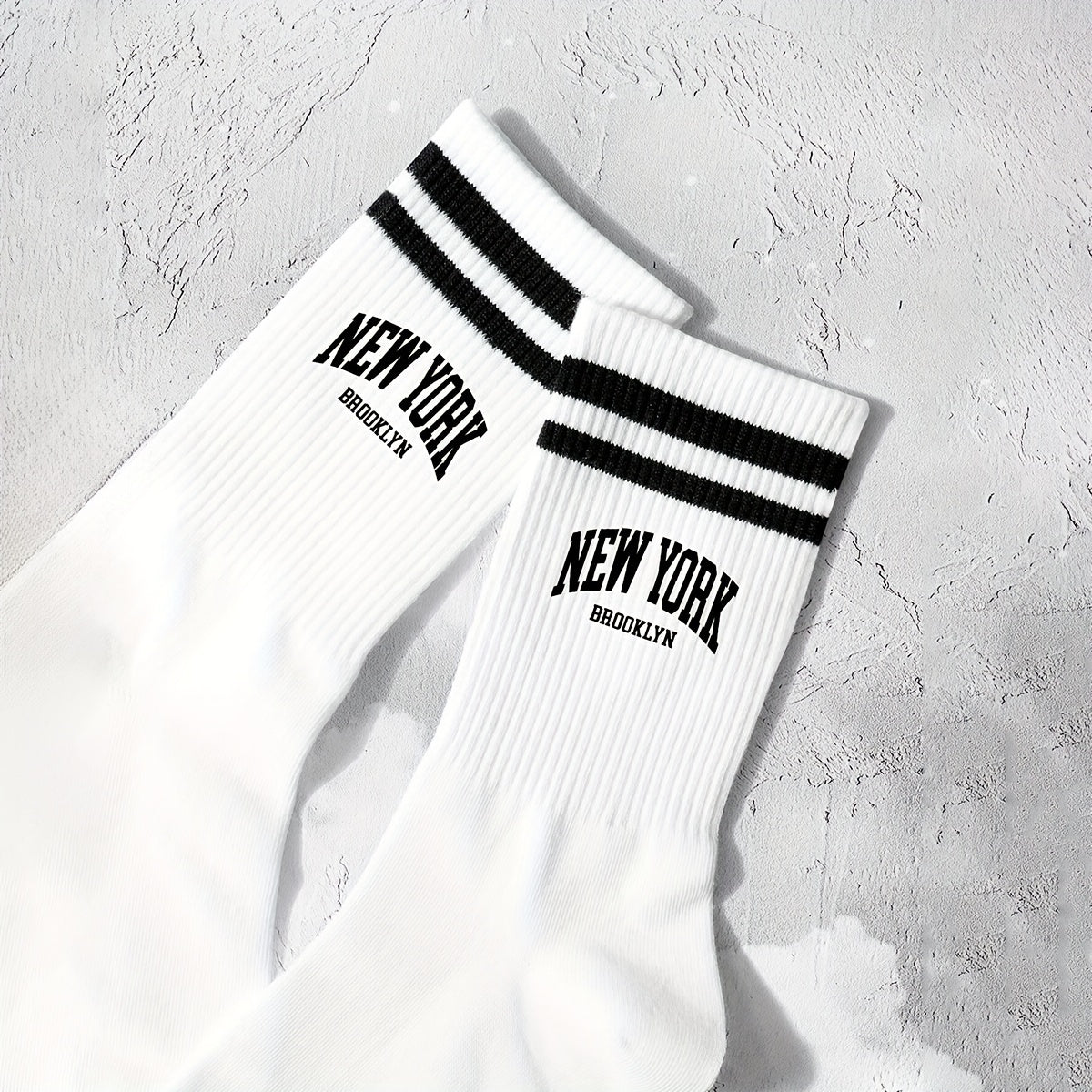 Women's Knee-High Socks with Striped and Letter Print, Mid Tube, Comfortable Knit Fabric