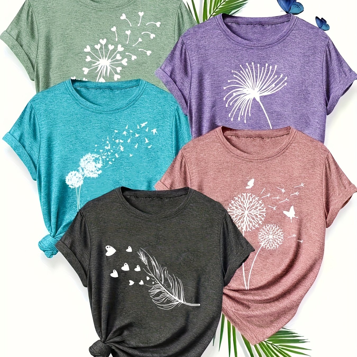 Women's Short Sleeve T-Shirts 5-Pack Floral and Geometric Print Breathable Fabric