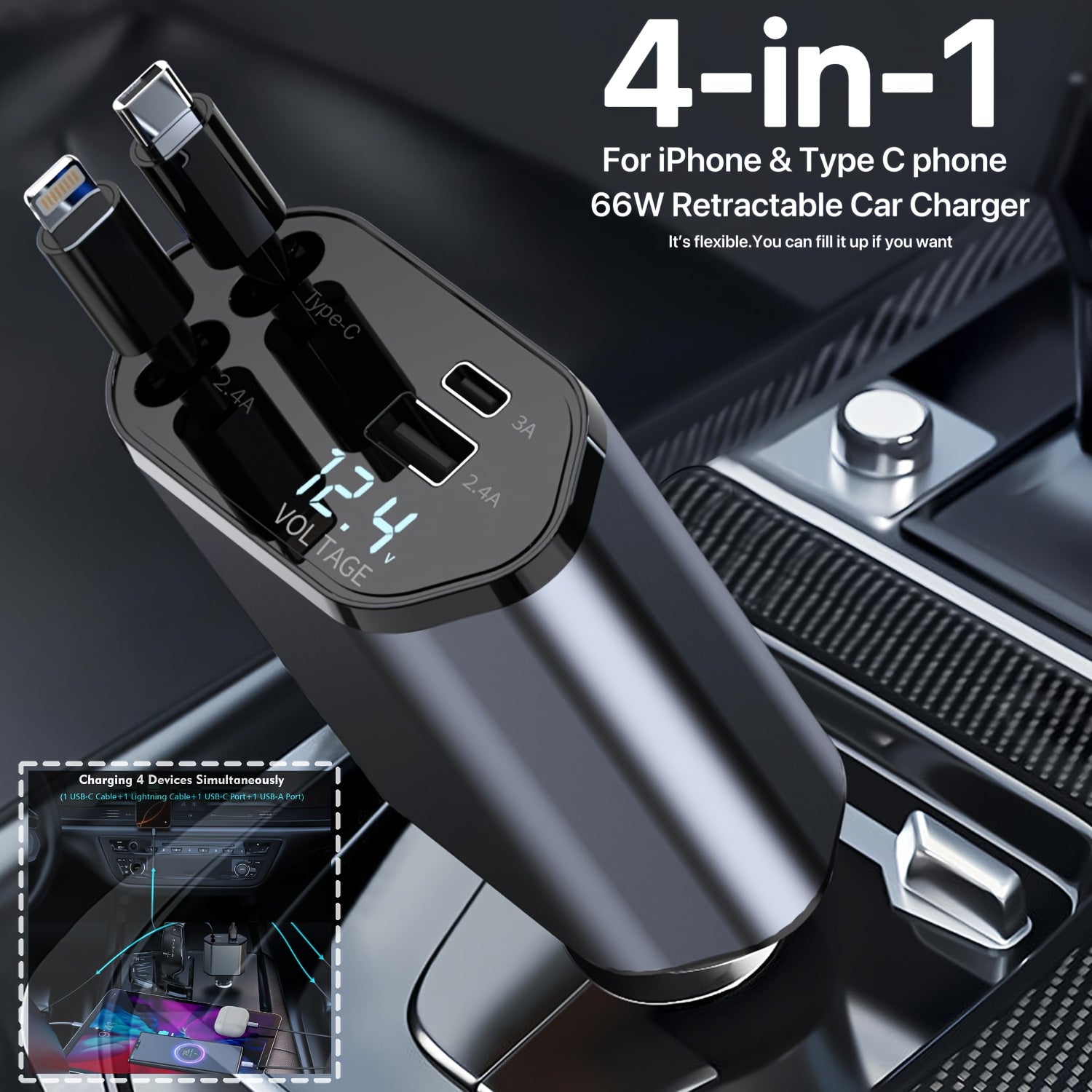 4-in-1 Retractable Car Charger with 66W PD QC3.0 and 2.6ft Cable