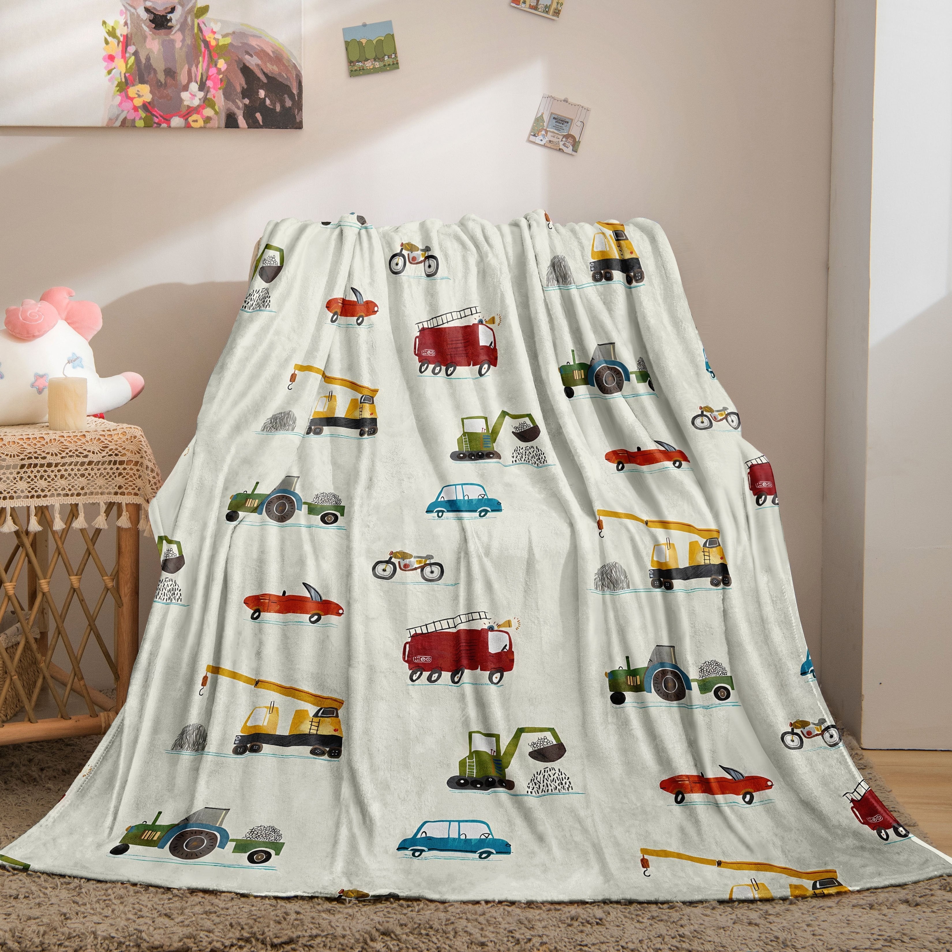 Cartoon Construction Vehicle Flannel Throw Blanket Soft Cozy All Seasons