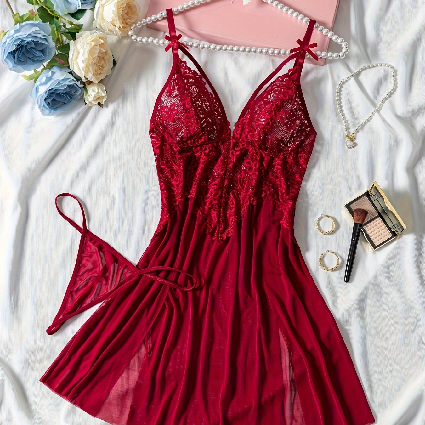 Women's Sleep Shirt Lace Trim Ruffled Low-Rise Comfortable Nightwear