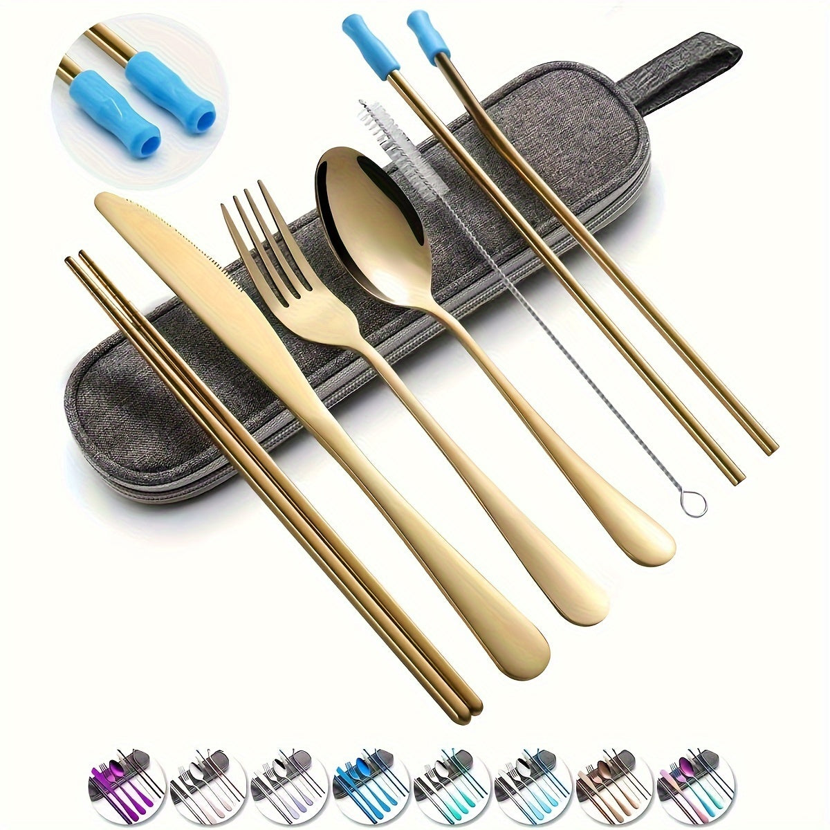 Camping Cutlery Set with 8 Stainless Steel Pieces Knife Fork Spoon Chopsticks and Carry Case