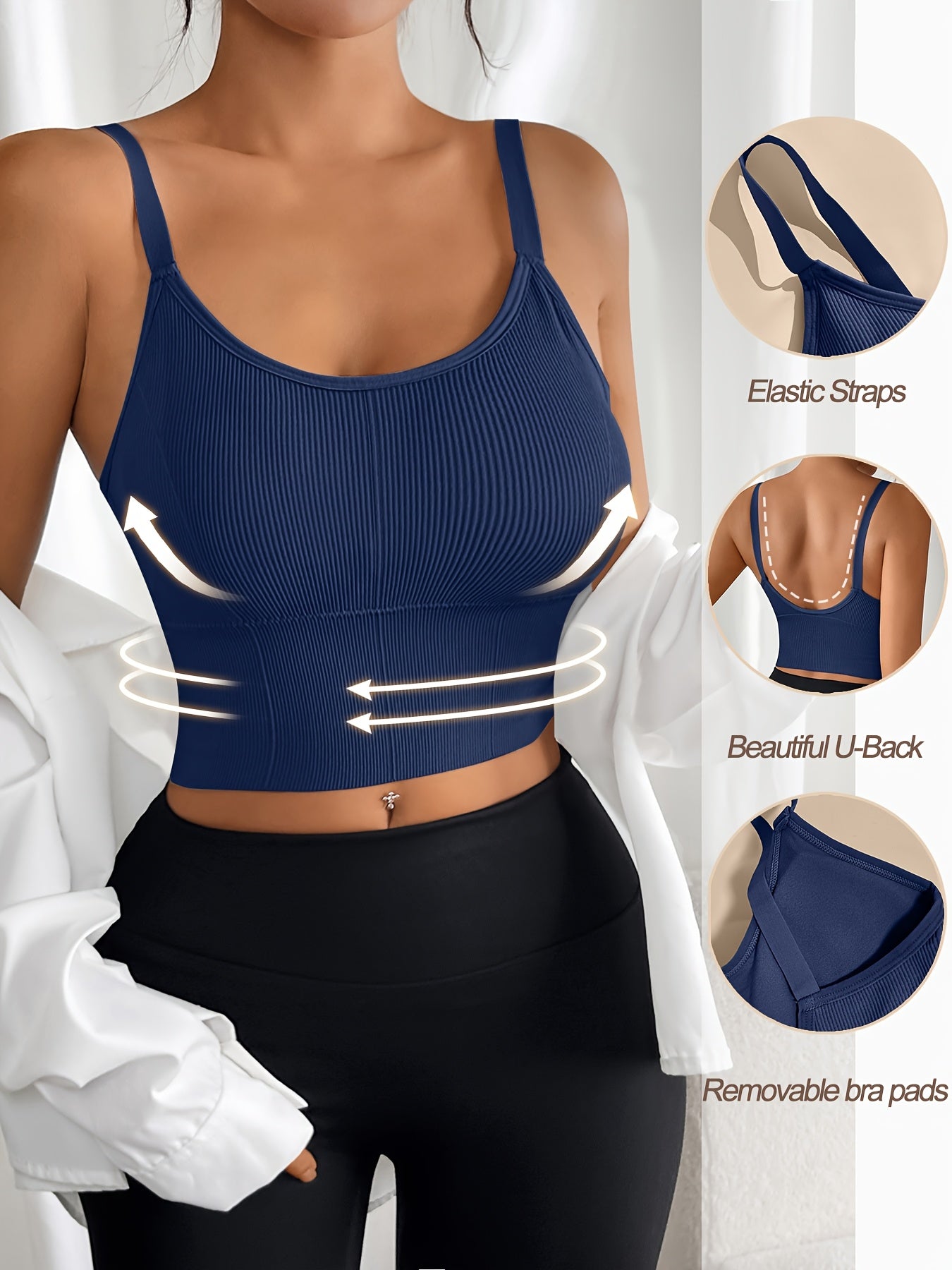 Plus Size Sports Bras Pack High-Stretch Ribbed Tank Tops Wireless Breathable for Yoga Running Black Navy Beige