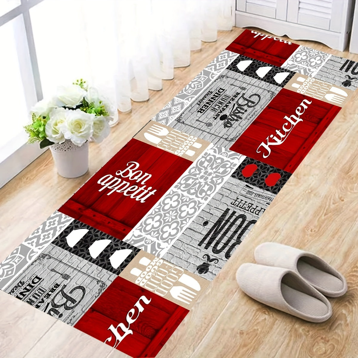 Red Stitching Plaid Kitchen Floor Mat Non-slip Door Rug 1cm Thick Corridor Decor