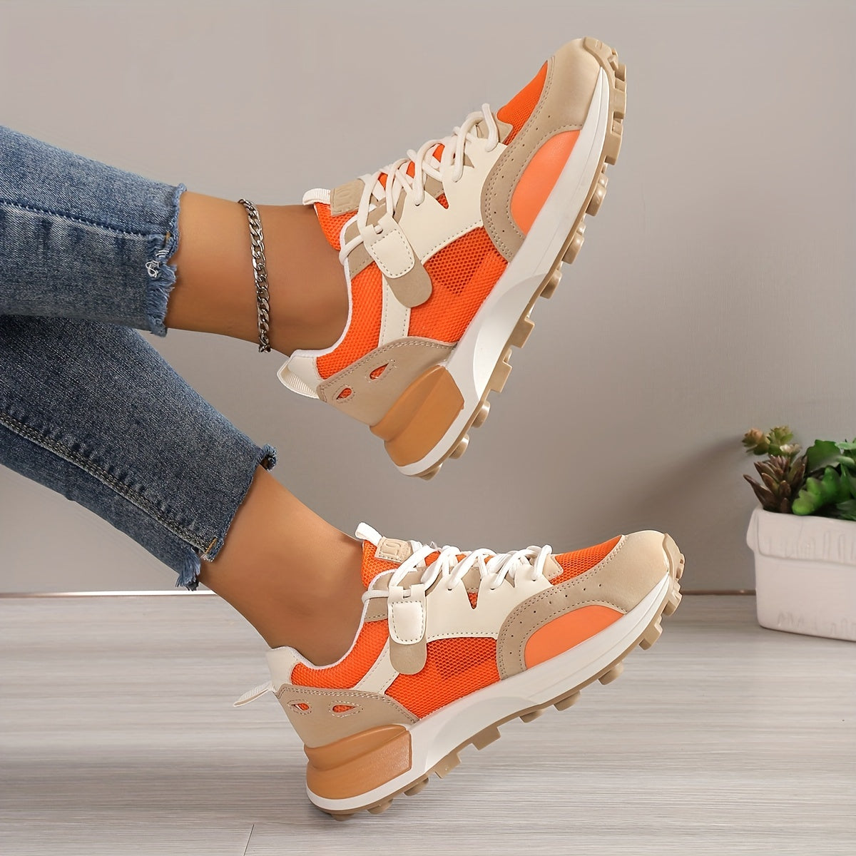 Women’s Colorblock Casual Sneakers, Lace Up Low-Top Breathable Trainers