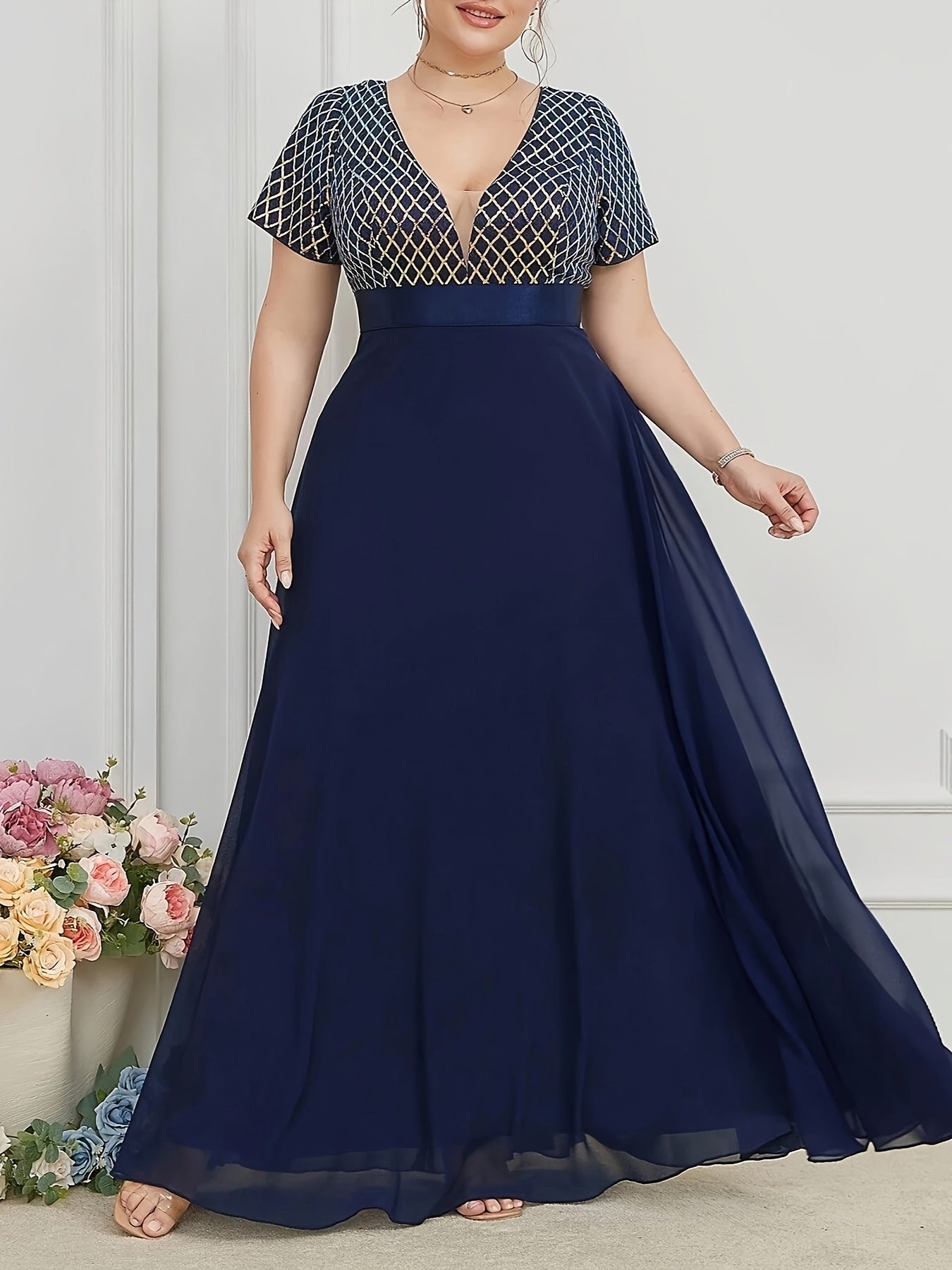 Plus Size Black Geometric Sequin Dress for Weddings and Parties