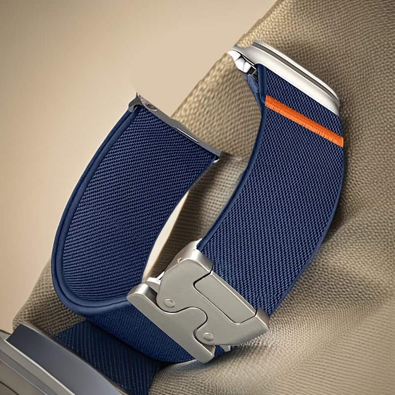 1 dona to'q sariq sport kamar, Apple Watch kamarlariga mos keladigan bezak dizayni bilan, ayollar va erkaklar modellari uchun bir nechta o'lchamlarda. Parashut uslubidagi tasmali kamarga ega.