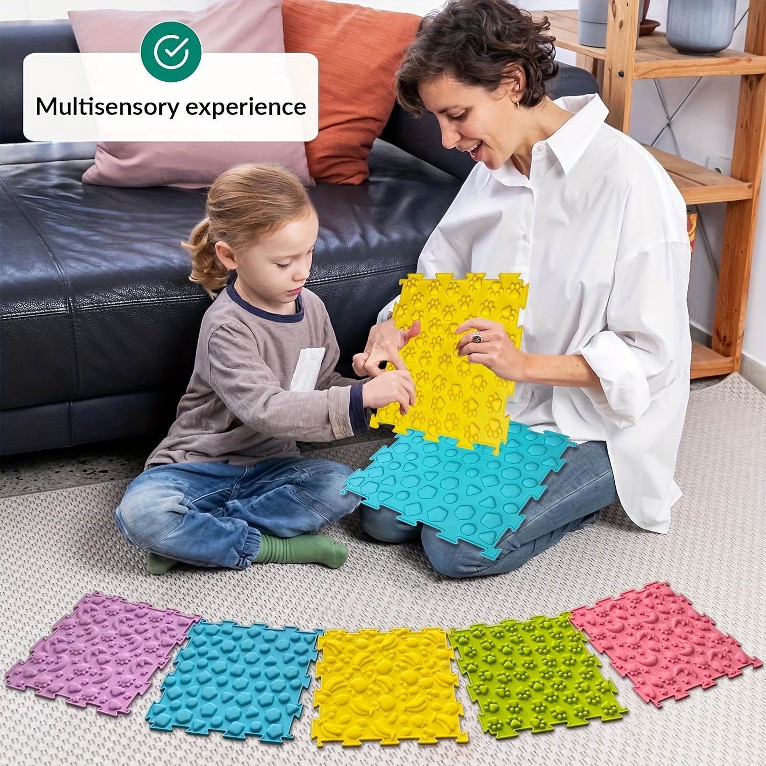 Sensory Tiles Puzzle Floor Mat - Bolalar Sensory xonasi uchun 8 dona to'plam, Tekstural gilam, Avtotransport massaj matosi, Avtizm uchun - Sensory ehtiyojlari bo'lgan bolalar uchun silikon massaj matosi