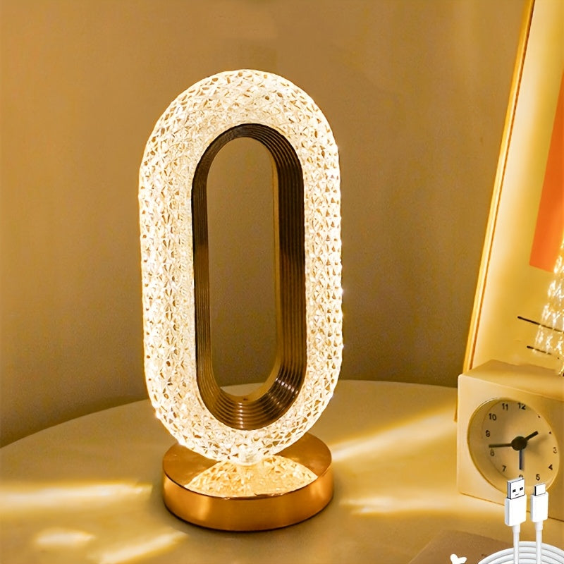 Oval Crystal Table Lamp with USB Charging Touch Control Modern Bedroom Living Room Decor